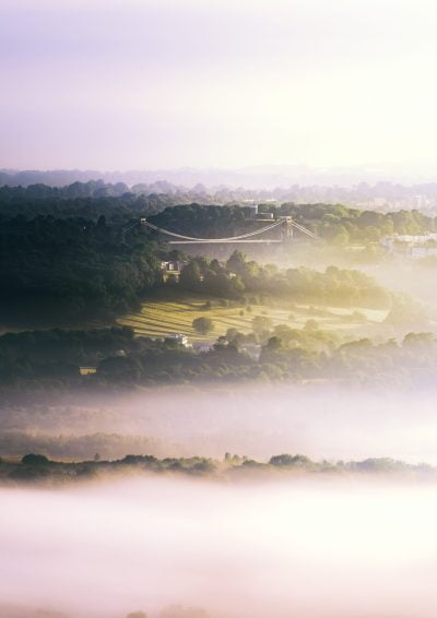 Clifton Suspension Bridge through the mist, from Dundry